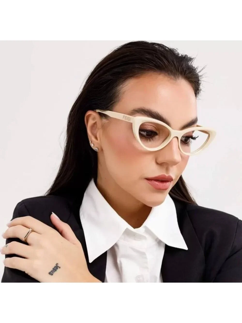 Fendi FE50075I 057 Eyeglasses Shiny Beige 53mm Cat Eye Frame